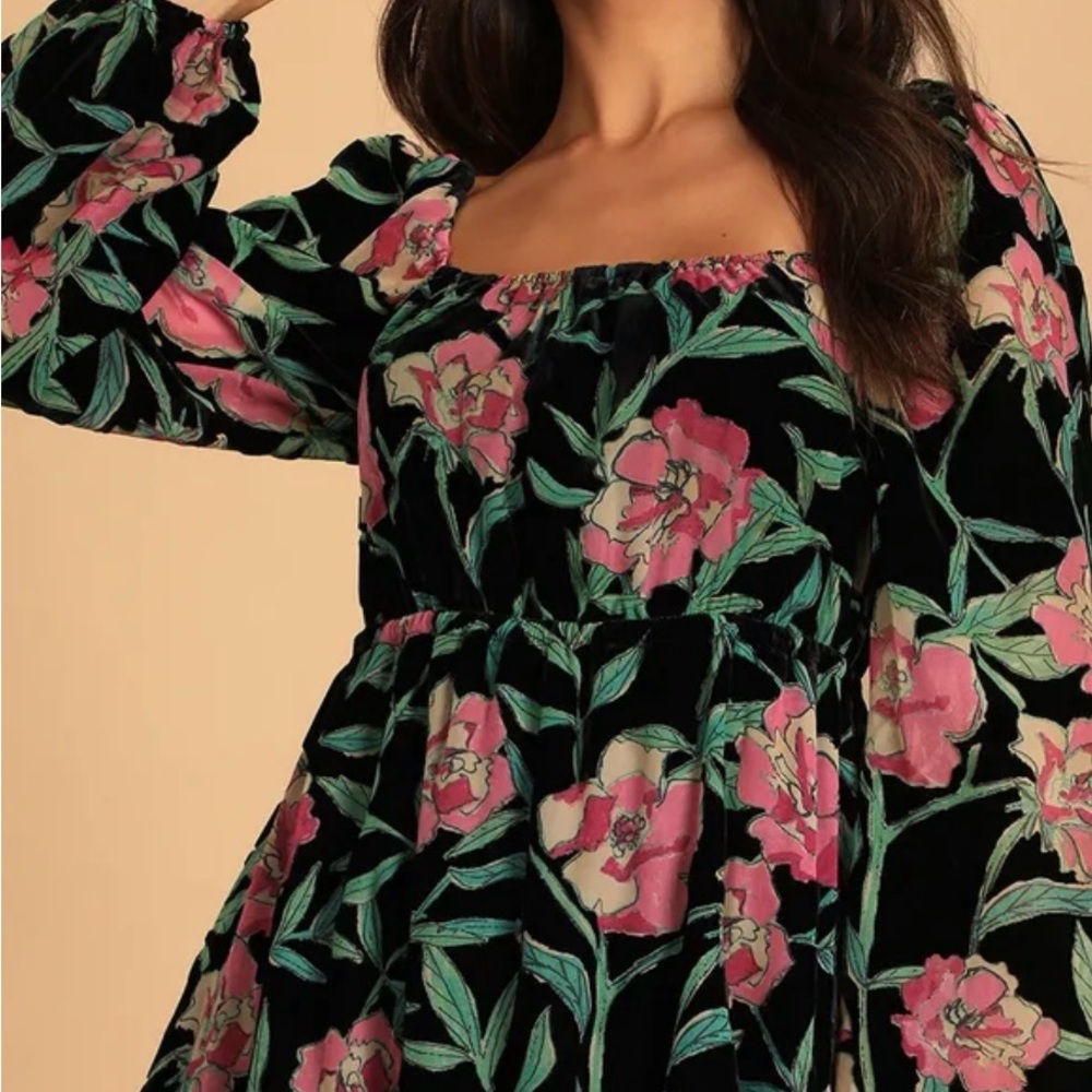 Lulus Blissful Garden Black Floral Babydoll Dress  Pink and Green Accents Size S